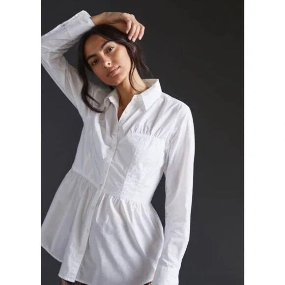 Anthropologie Maeve Corset Seamed Button Down | White | SZ XSP - Picture 1 of 14
